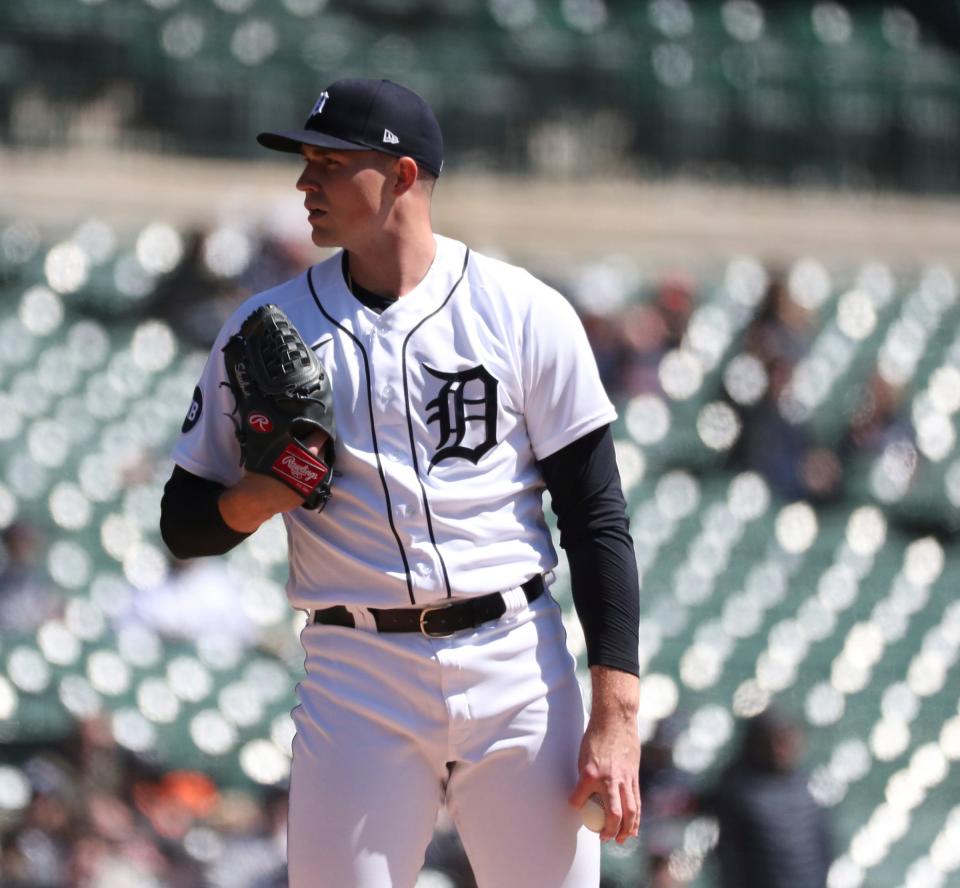 Detroit Tigers starter Tarik Skubal (29) pitches against the Chicago White Sox during first inning action Sunday, April 10, 2022, at Comerica Park in Detroit.
