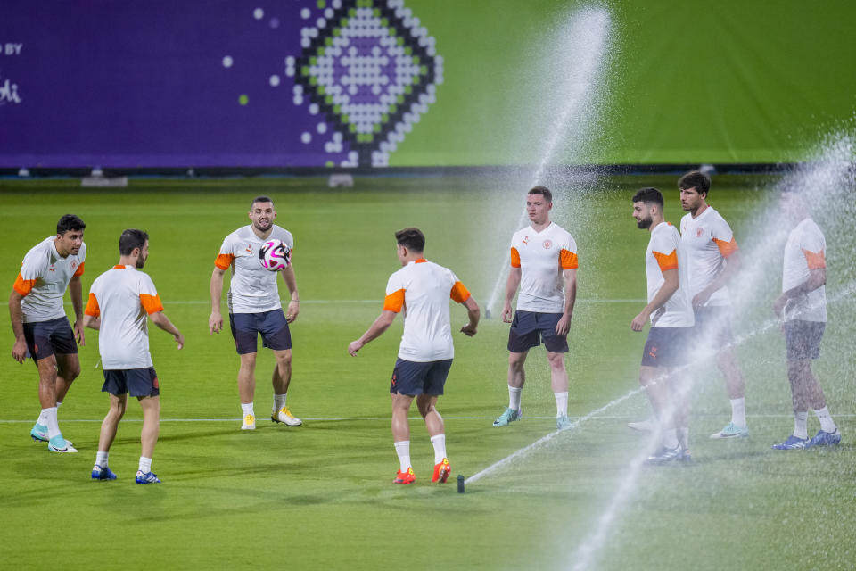 Manchester City players attend a training session at the King Abdullah Sports City Stadium in Jeddah, Saudi Arabia, Thursday, Dec. 21, 2023. Manchester City will play against Fluminense during the final soccer match of the Club World Cup on Friday Dec. 21. (AP Photo/Manu Fernandez)