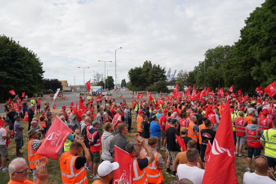A picket line at one of the entrances to the Port of Felixstowe (Joe Giddens/PA) (PA Wire)