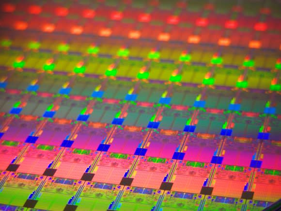 A wafer of Intel processors