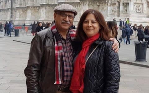 Sherri Izadi, 56, with her husband Anoosheh Ashoori, a 65-year-old retired civil engineer from London, jailed in Iran on espionage charge - Credit: Telegraph