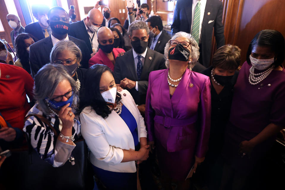 Congressional Black Caucus Chair Representative Joyce Beatty looks to the sky as she and members of the caucus gather in the Rayburn Room to watch the verdict in the Derick Chauvin trial at the U.S. Capitol on April 20, 2021 in Washington, DC. Chauvin was found guilty on all three charges in the murder of George Floyd. / Credit: Chip Somodevilla / Getty Images