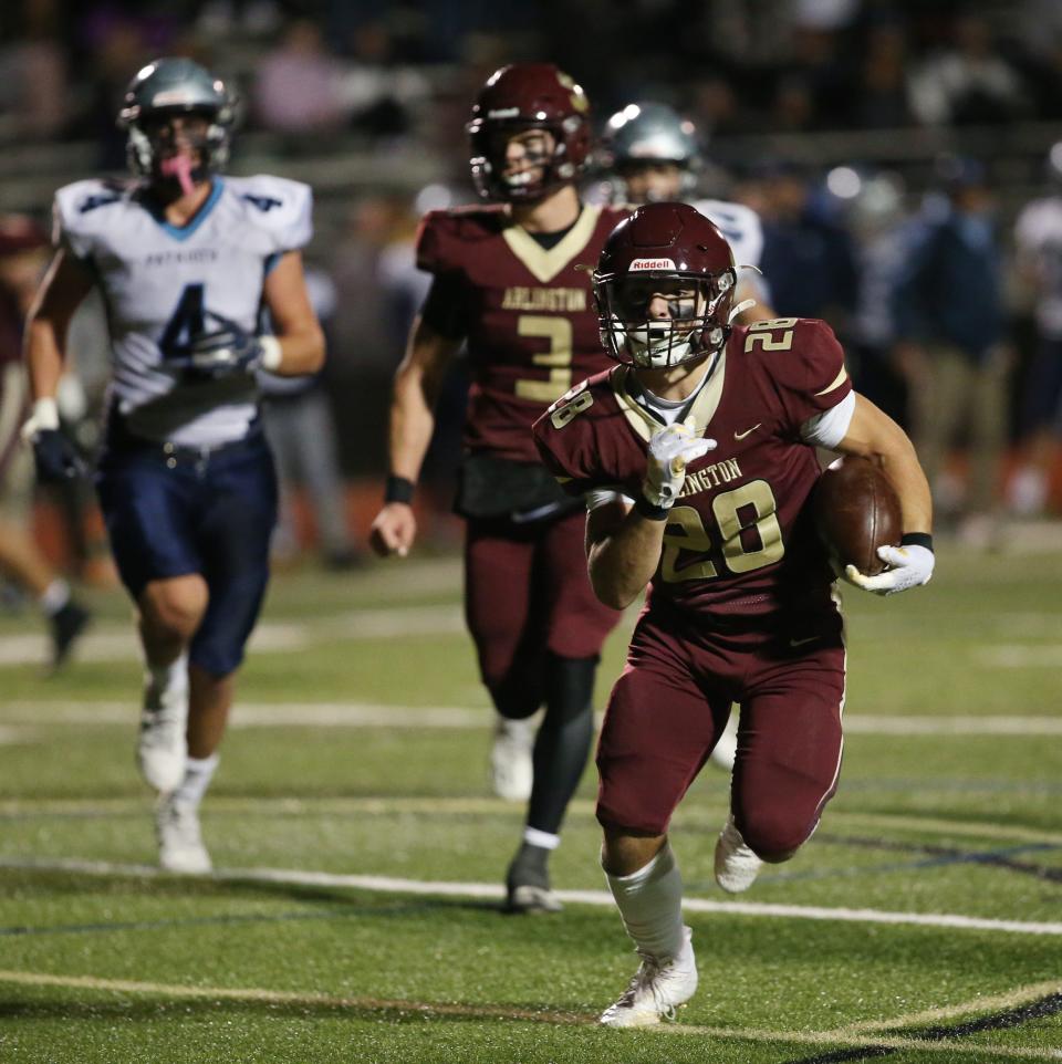Arlington's Nick GeGuisto carries to cross the endzone for a touchdown during Friday's Section 1 Class AA semifinal versus John Jay on November 3, 2023.