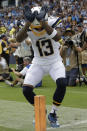 Los Angeles Chargers wide receiver Keenan Allen celebrates after scoring against the Houston Texans during the first half of an NFL football game Sunday, Sept. 22, 2019, in Carson, Calif. (AP Photo/Marcio Jose Sanchez)