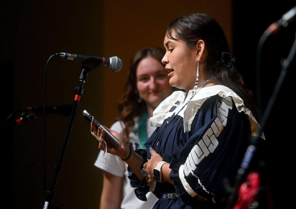 A Penn State student from the Indigenous Peoples’ Student Association reads the Penn State Acknowledgment of Land during the Indigenous Peoples Day Feast on Monday, Oct. 9, 2023 at the HUB Robeson Center. Abby Drey/adrey@centredaily.com