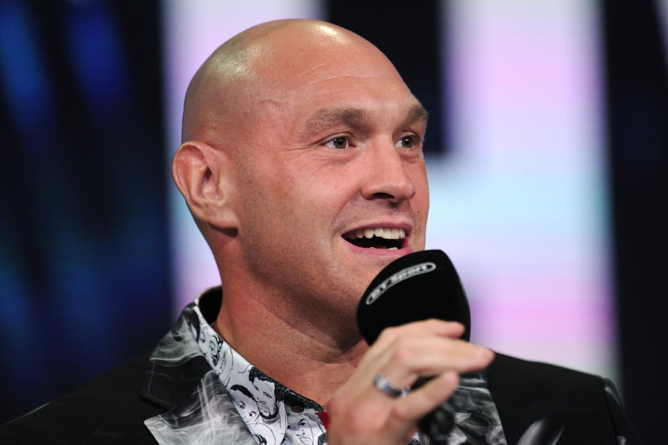 Tyson Fury of England speaks during a press conference ahead of his heavyweight match against Tom Schwarz at BT Sport Studios on May 13, 2019 in London, England.