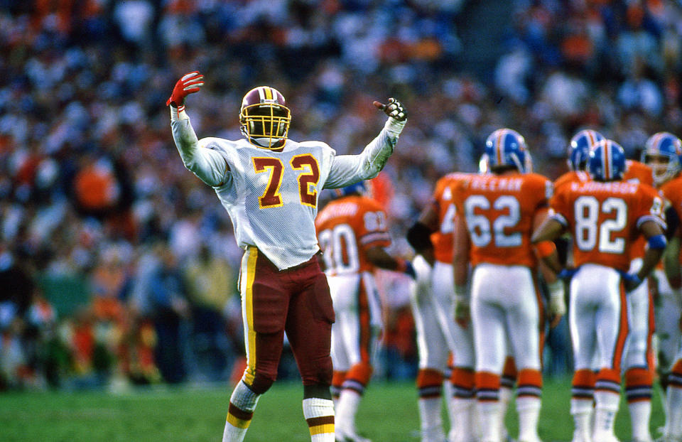 Dexter Manley of the Washington Redskins celebrates at Super Bowl 22 against the Denver Broncos at Jack Murphy Stadium on January 31, 1988.