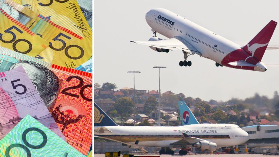 Composite of Australian money (signifying tax), and A Qantas plane taking off near a Singapore Airlines plane on the tarmac