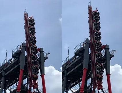 麗寶樂園的斷軌雲霄飛車近日傳出卡在高空中，搭乘的20多名遊客快嚇壞。（翻攝記者爆料網）