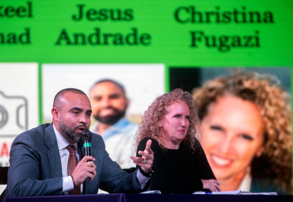 Jesus Andrade, left, and Christina Fugazi participate in a Stockton mayoral candidates forum at the Victory in Praise church in Stockton on Feb. 1, 2024.