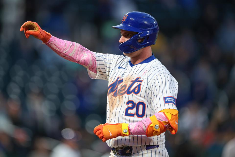 New York Mets first baseman Pete Alonso (20) reacts after an RBI single during the third inning against the Atlanta Braves on May 12, 2024, at Citi Field.