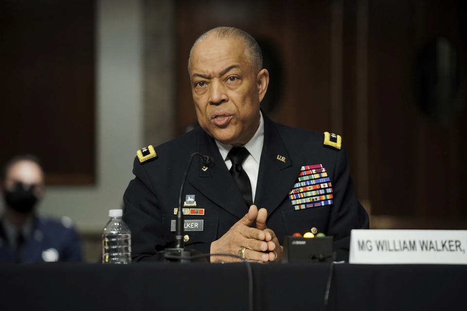 Army Maj. Gen. William Walker, Commanding General of the District of Columbia National Guard speaks during a Senate Committee on Homeland Security and Governmental Affairs and Senate Committee on Rules and Administration joint hearing Wednesday, March 3, 2021, examining the January 6, attack on the U.S. Capitol in Washington. (Greg Nash/Pool via AP)