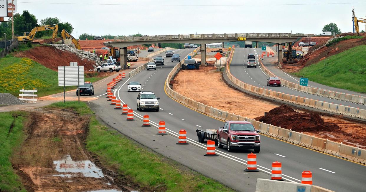 The Engle Road Bridge over Interstate 40, pictured Tuesday, is being demolished for the upgrading of the Douglas Boulevard and I-40 junction in Midwest City. The removal will cause closures of the interstate for a six-mile stretch this weekend.