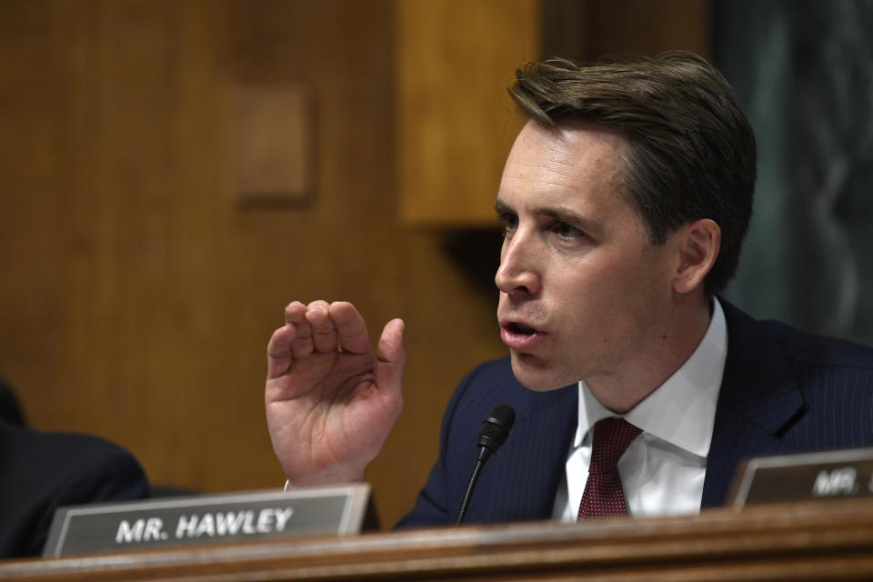 Sen. Josh Hawley, R-Mo., questions Attorney General William Barr during a Senate Judiciary Committee hearing on Capitol Hill in Washington, Wednesday, May 1, 2019. (AP Photo/Susan Walsh)