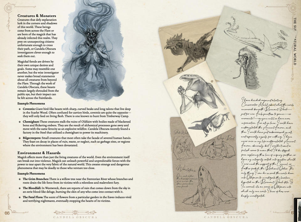 Candela Obscura pages showing illustrations of monsters, text, and handwritten writing