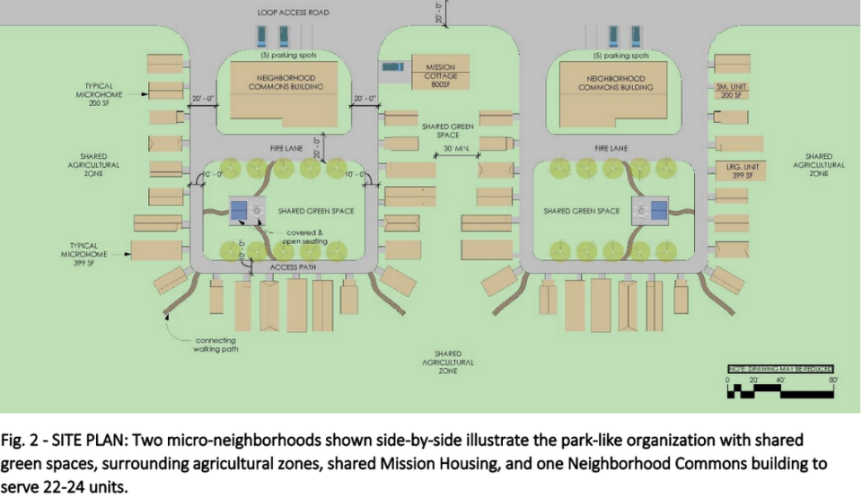 An artist rendering shows a proposed site plan for two micro-neighborhoods in a shared housing village near Spanaway.