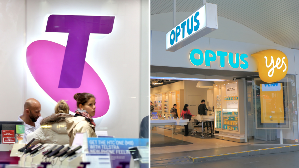 The logos for both Telstra and Optus outside their respective shops.