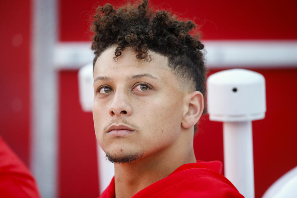Patrick Mahomes’ girlfriend said that her stepfather collapsed outside of Arrowhead Stadium Sunday and died. (Getty)
