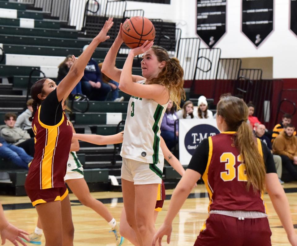 Binghamton Seton Catholic Central's Alexandra Back takes a shot during a 41-30 win over Ithaca in the Girls Regional Division championship game at the Josh Palmer Fund Clarion Classic on Dec. 30, 2023 at Elmira High School.