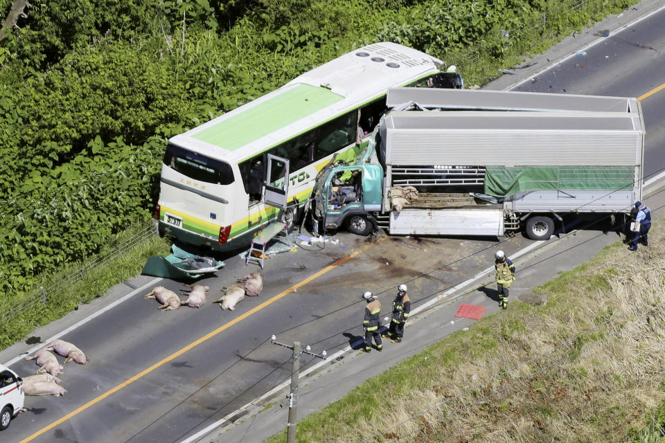 Investigators are seen on the scene of a crash between a bus and a truck in Yakumo, Hokkaido prefecture, northern Japan on June 18, 2023. Several people were killed and 12 others taken to the hospital after a truck collided with a bus in Hokkaido in northern Japan, according to local media reports. (Kyodo News via AP)