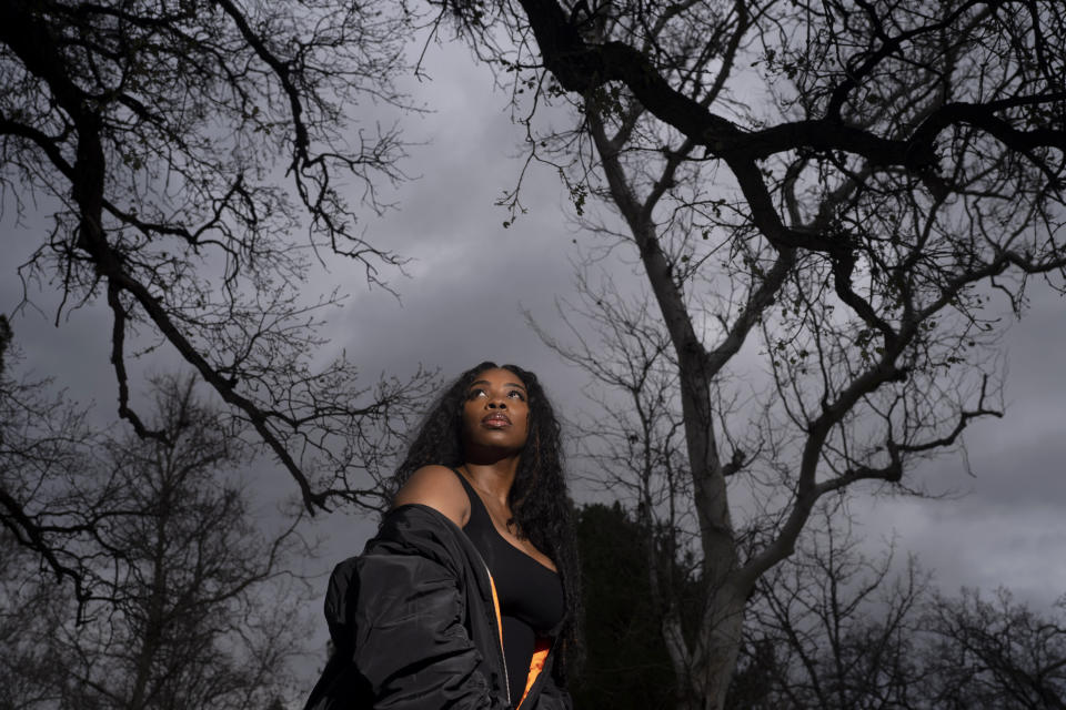 Singer-songwriter Jessy Wilson, whose song, “Keep Rising,” was featured in the action epic “The Woman King,” poses for photos in Santa Clarita, Calif., Thursday, Jan. 19, 2023. Wilson and her co-writers Angelique Kidjo and Jeremy Lutito are now nominated for a Grammy for best song written for visual media. (AP Photo/Jae C. Hong)