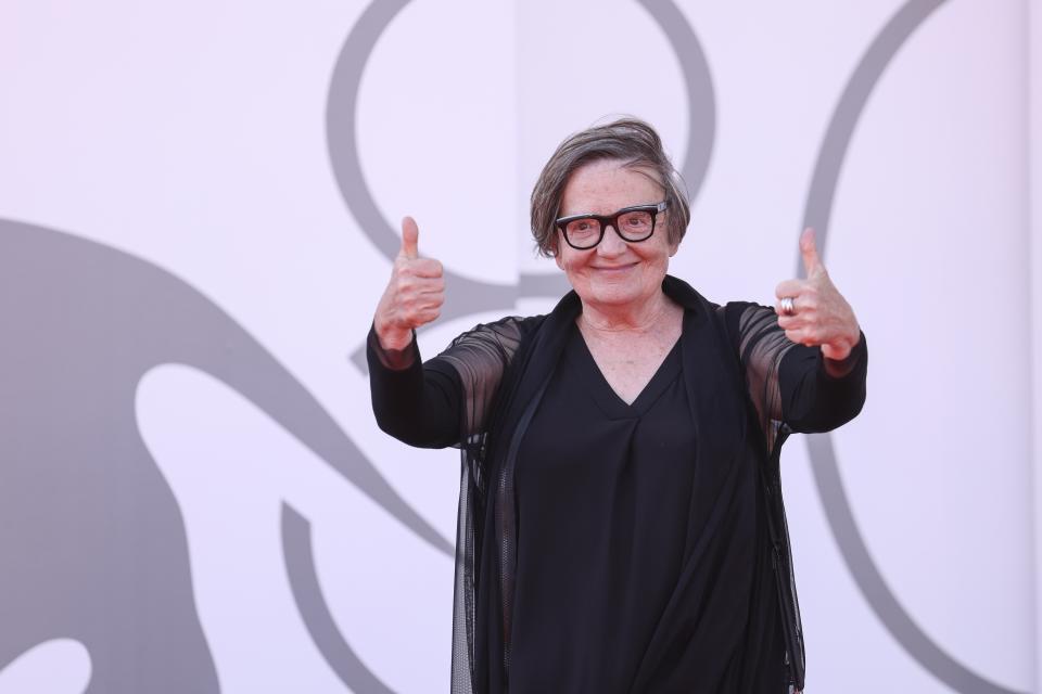 Director Agnieszka Holland poses for photographers upon arrival for the premiere of the film 'Green Border' during the 80th edition of the Venice Film Festival in Venice, Italy, on Tuesday, Sept. 5, 2023. (Photo by Vianney Le Caer/Invision/AP)