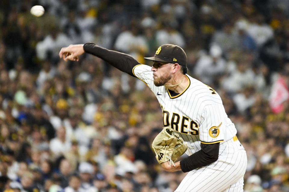 San Diego, CA - October 15: San Diego Padres starting pitcher Joe Musgrove delivers a pitch during the first inning in game 4 of the NLDS against the Los Angeles Dodgers at Petco Park on Saturday, Oct. 15, 2022 in San Diego, CA. (Wally Skalij / Los Angeles Times via Getty Images)