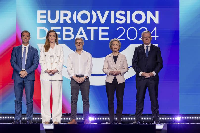 Terry Reintke for the European Greens (second from left) posing with various political aspirants prior to a debate at the European Parliament in Brussels, Thursday, May 23, 20