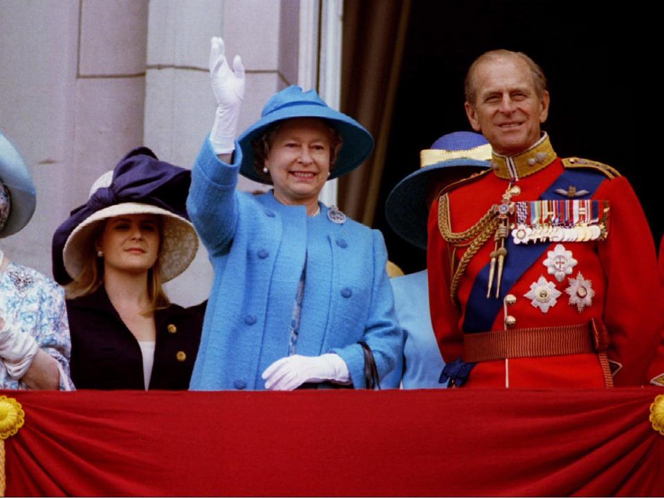 Queen Elizabeth wearing blue at Trooping the Colour in 1993.