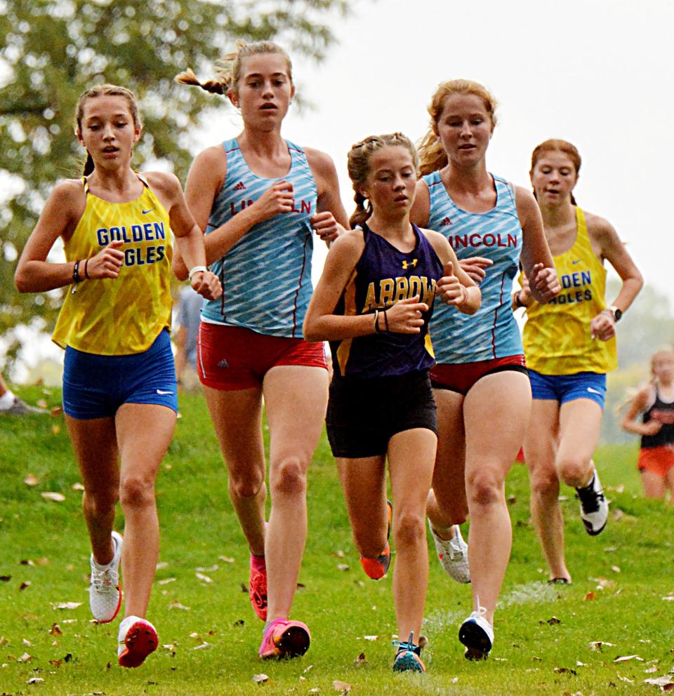Kate McElroy (center) is a freshman runner who is already a two-time state place winner for Watertown High School's girls cross country team. (Public Opinion File Photo)