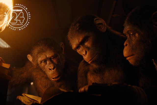 <p>20th Century Studios</p> Soona (Lydia Peckham), Noa (Owen Teague), and Anaya (Travis Jeffery) in 'Kingdom of the Planet of the Apes'