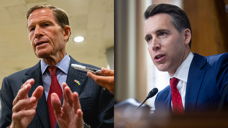 Side by side photos of Senators Richard Blumenthal and Josh Hawley