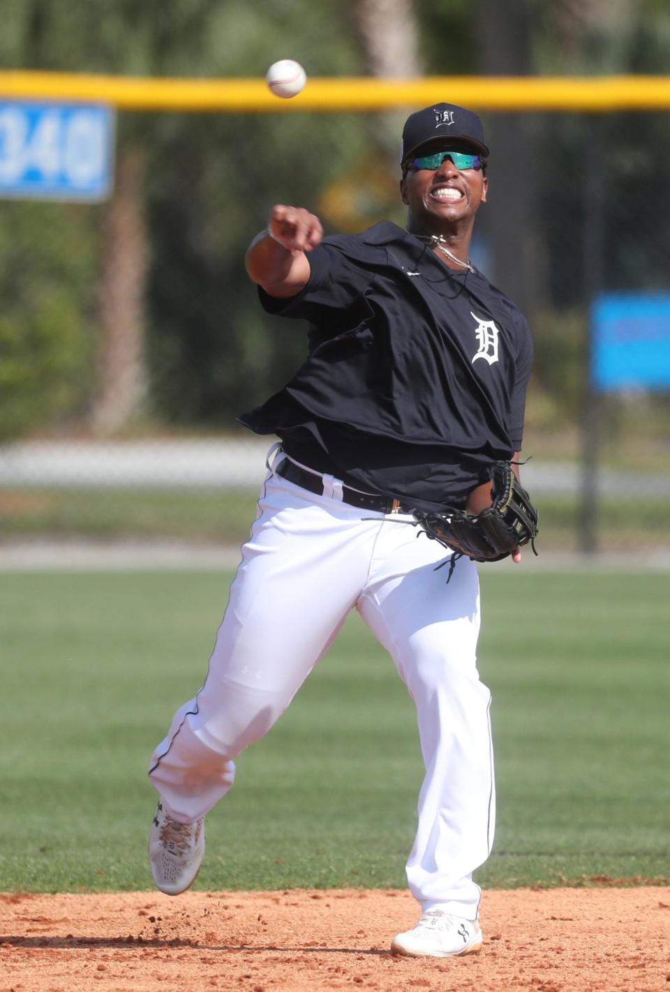 Detroit Tigers infielder Justyn-Henry Malloy fields ground balls during spring training at TigerTown in Lakeland, Fla., on Thursday, Feb. 23, 2023.