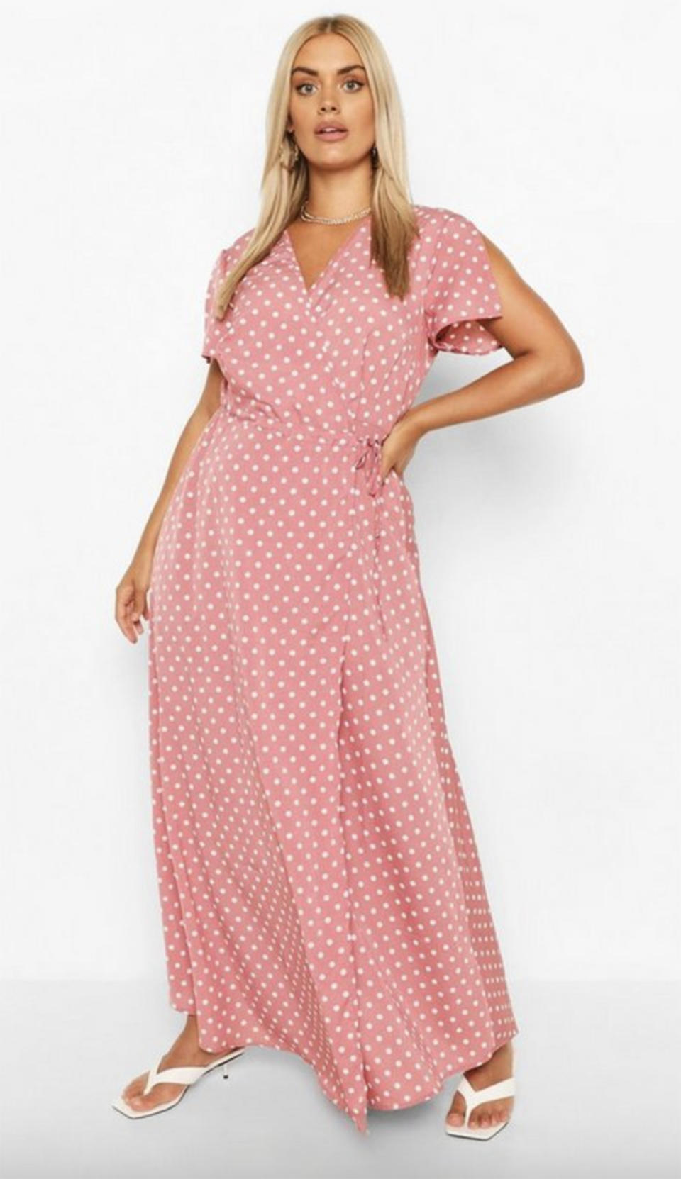 Boohoo Plus Polka Dot Wrap Maxi Dress, $32.50. Photo: Boohoo.