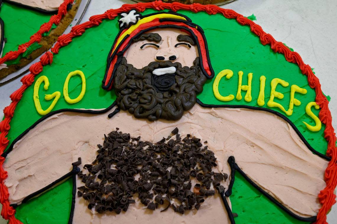 Hannah Stumpner, manager of Eileen’s Colossal Cookies in Liberty, created a design featuring a shirtless, hairy-chested Jason Kelce during his memorable antics at the playoff game between the Chiefs and Buffalo Bills. Chocolate curls are used to create the chest hair.