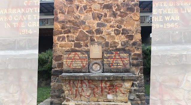 A war memorial in Melbourne has been trashed on the eve of Anzac Day. Picture: John Clancy