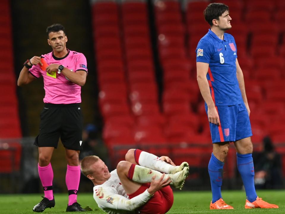 Harry Maguire is sent off in the first halfPOOL/AFP via Getty Images