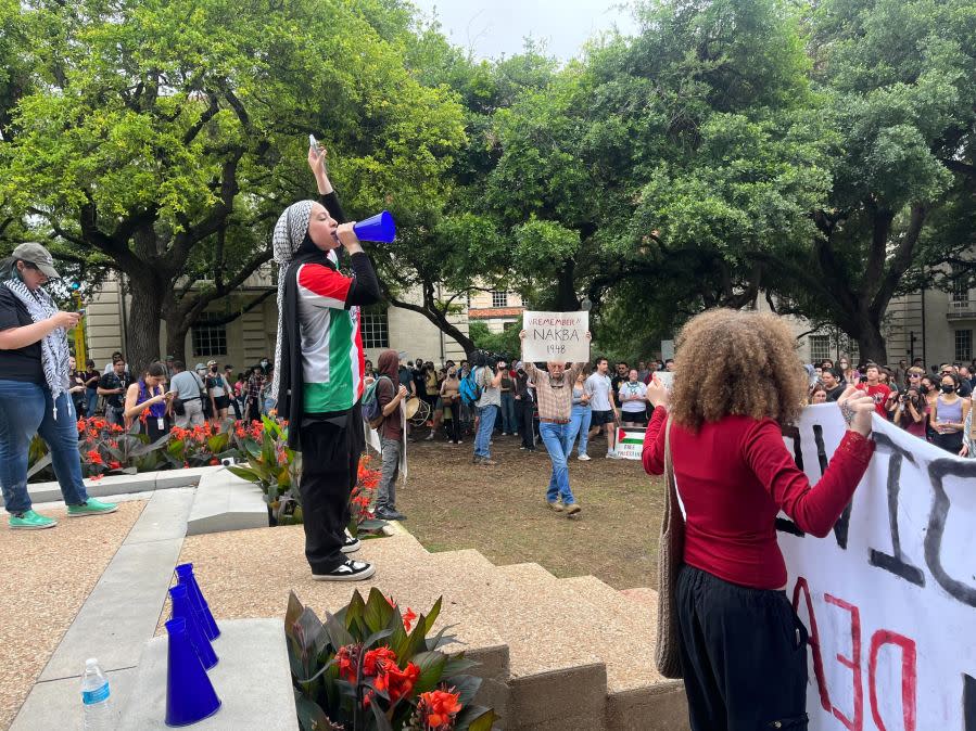Protestors gather at the University of Texas at Austin on May 5, 2024. (KXAN Photo/Kelly Wiley)