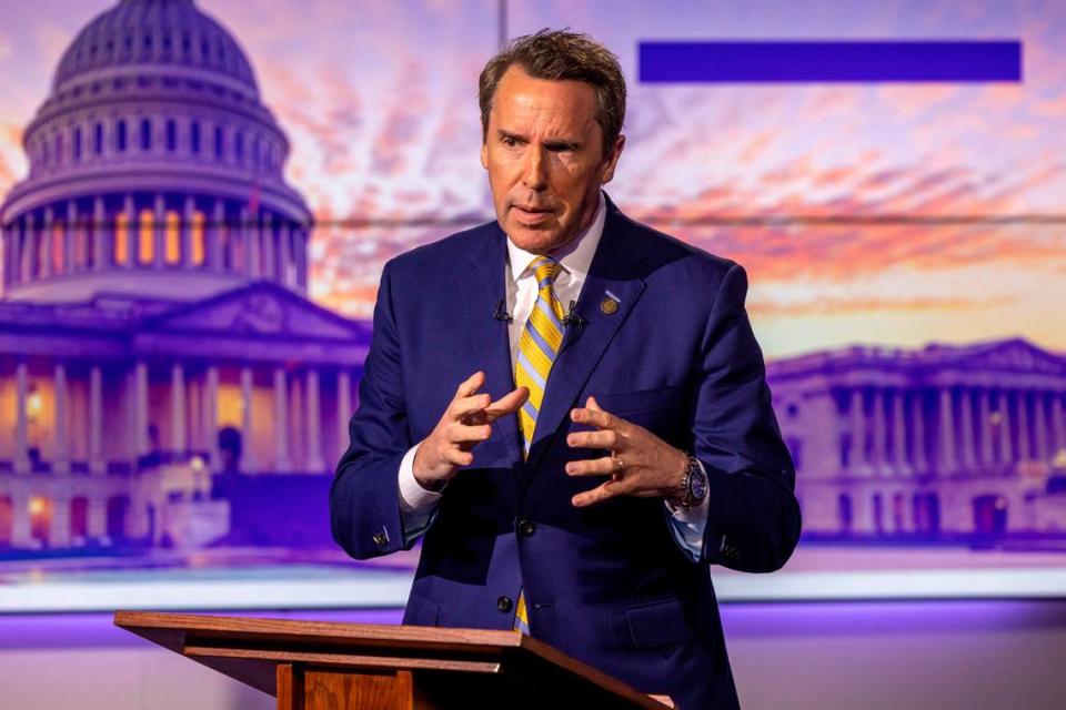 Republican U.S. Senate candidate Mark Walker answers a question during an hour-long debate moderated by Spectrum News political anchor Tim Boyum at the Spectrum News studio in Raleigh, NC Wednesday, April 20, 2022.