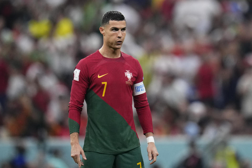 Portugal's Cristiano Ronaldo looks on during the World Cup round of 16 soccer match between Portugal and Switzerland, at the Lusail Stadium in Lusail, Qatar, Tuesday, Dec. 6, 2022. (AP Photo/Manu Fernandez)