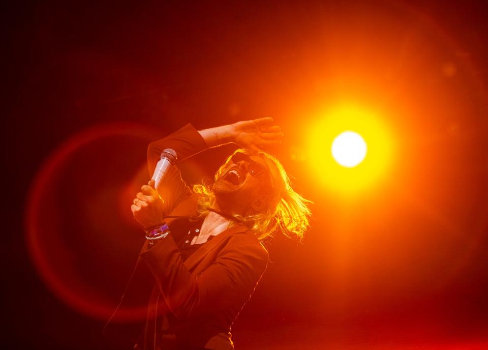 Lead vocalist Adam Lazzara of Taking Back Sunday performs in the Mojave tent during the Coachella Valley Music and Arts Festival in Indio, Calif., Sunday, April 14, 2024.