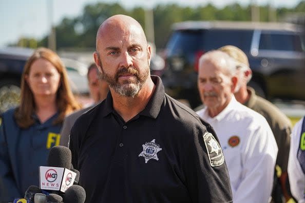 WINDER, GEORGIA - SEPTEMBER 4: Barrow County Sheriff Jud Smith speaks to the media after a shooting at Apalachee High School on September 4, 2024 in Winder, Georgia. Four fatalities and multiple injuries have been reported, and a 14-year-old suspect is in custody according to authorities. (Photo by Megan Varner/Getty Images)