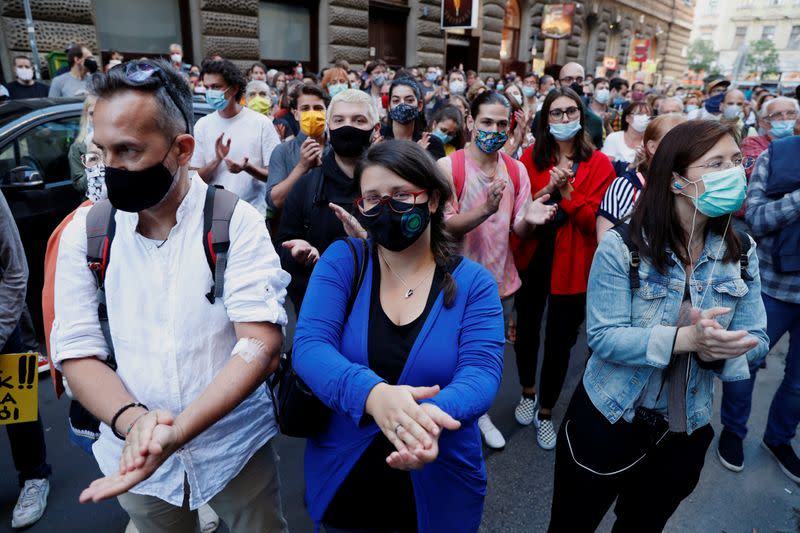 People attend a protest in support of the students of the University of Theatre and Film Arts during their blockade in Budapest