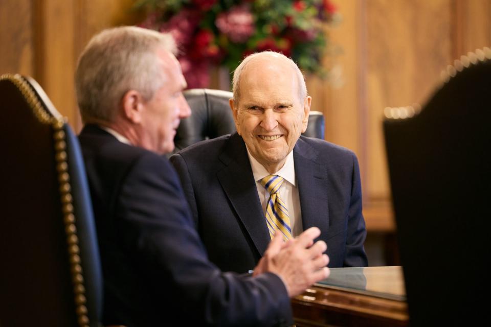 President Russell M. Nelson visits with Csaba Korosi, president of the United Nations General Assembly, in Salt Lake City.