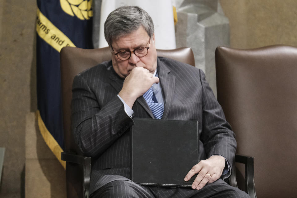 Attorney General William Barr attends a ceremony at the Department of Justice, Wednesday, Jan. 22, 2020, in Washington, to announce the establishment of the Presidential Commission on Law Enforcement and the Administration of Justice, and its commissioners. (AP Photo/Michael A. McCoy)