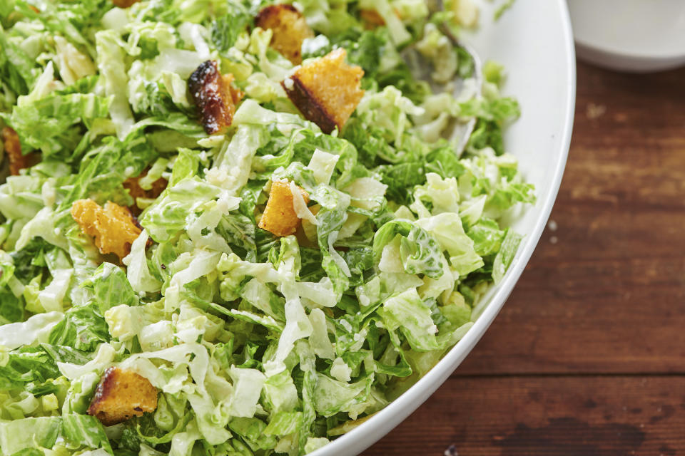 This 2019 image shows a caesar salad recipe in New York. (Cheyenne Cohen via AP)