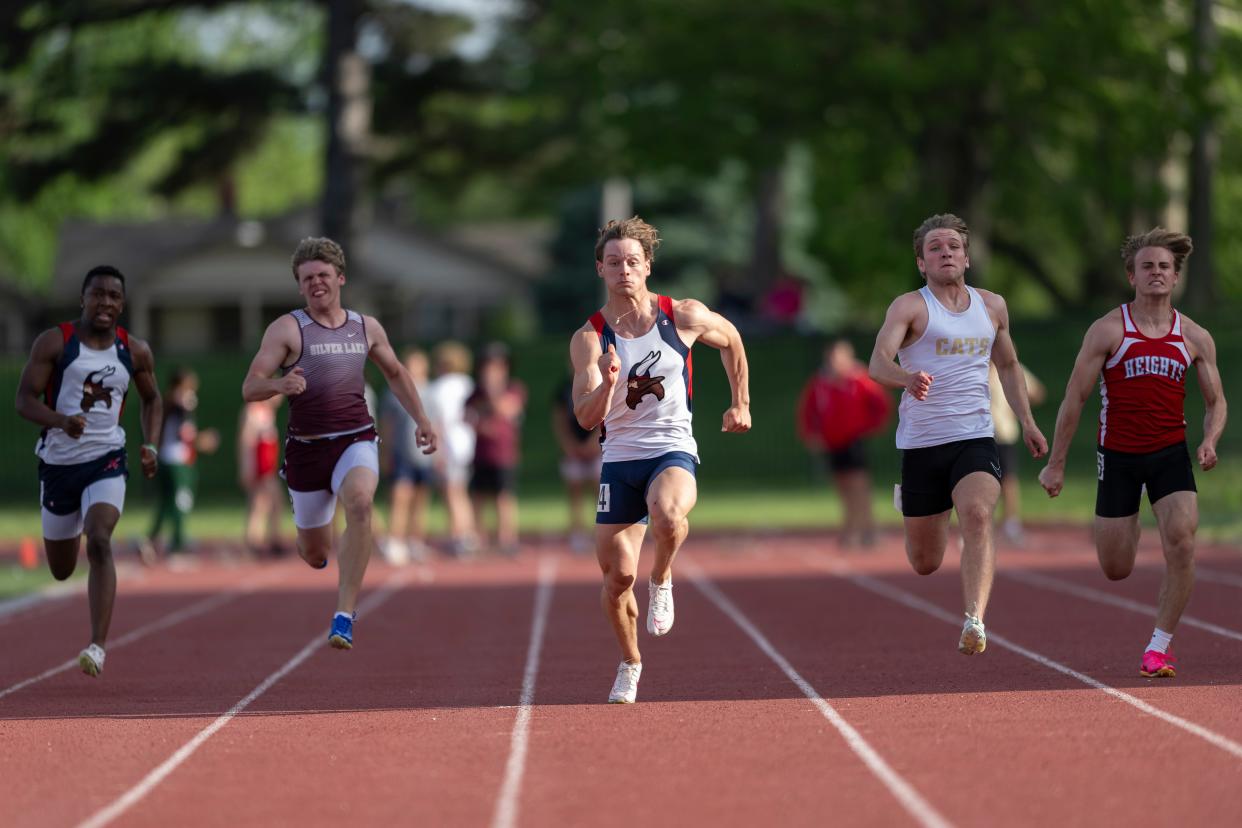 Seaman’s Aaron Merritt competes in the 100 meter dash during the Joe Schrag City Meet Friday, May 3, 2024, at Hummer Sports Park.