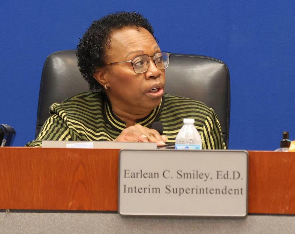 Interim Broward County Public Schools Superintendent Earlean Smiley comments about the selection process for a new superintendent during a Broward School Board meeting Tuesday, May 9, 2023, in Fort Lauderdale, Florida.