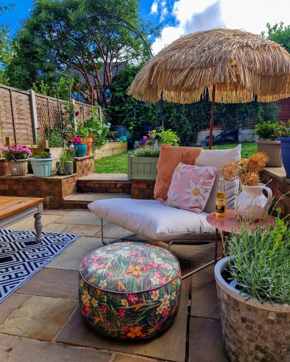 Outdoor patio with grass umbrella