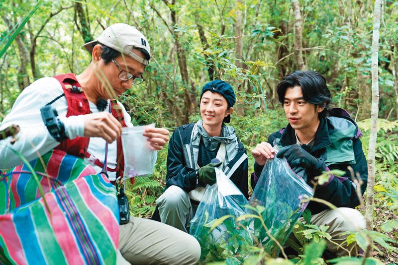 植物獵人洪信介（左起）為桂綸鎂、陳柏霖介紹採集的植物。（LINE TV提供）